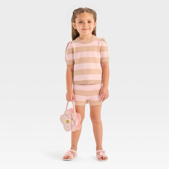 Grayson Mini Toddler Girls' Striped Puff Sleeve Sweater & Shorts Set - Beige 5T - Picture 3 of 7